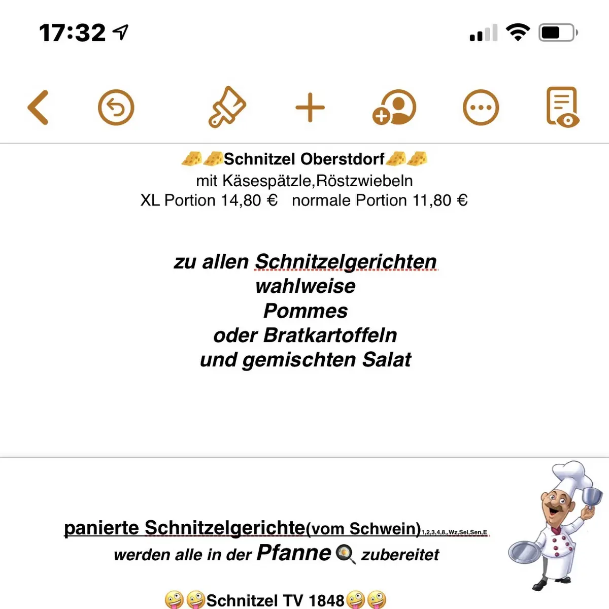 Speisekarte, Gasthaus Milan