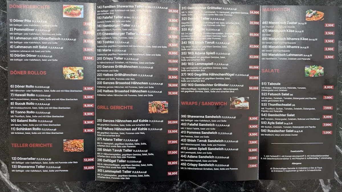 Speisekarte, Ayla Restaurant