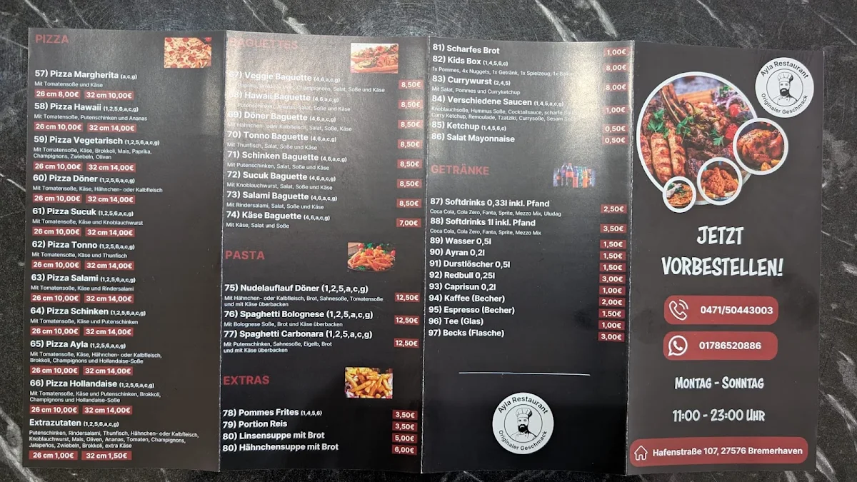 Speisekarte, Ayla Restaurant