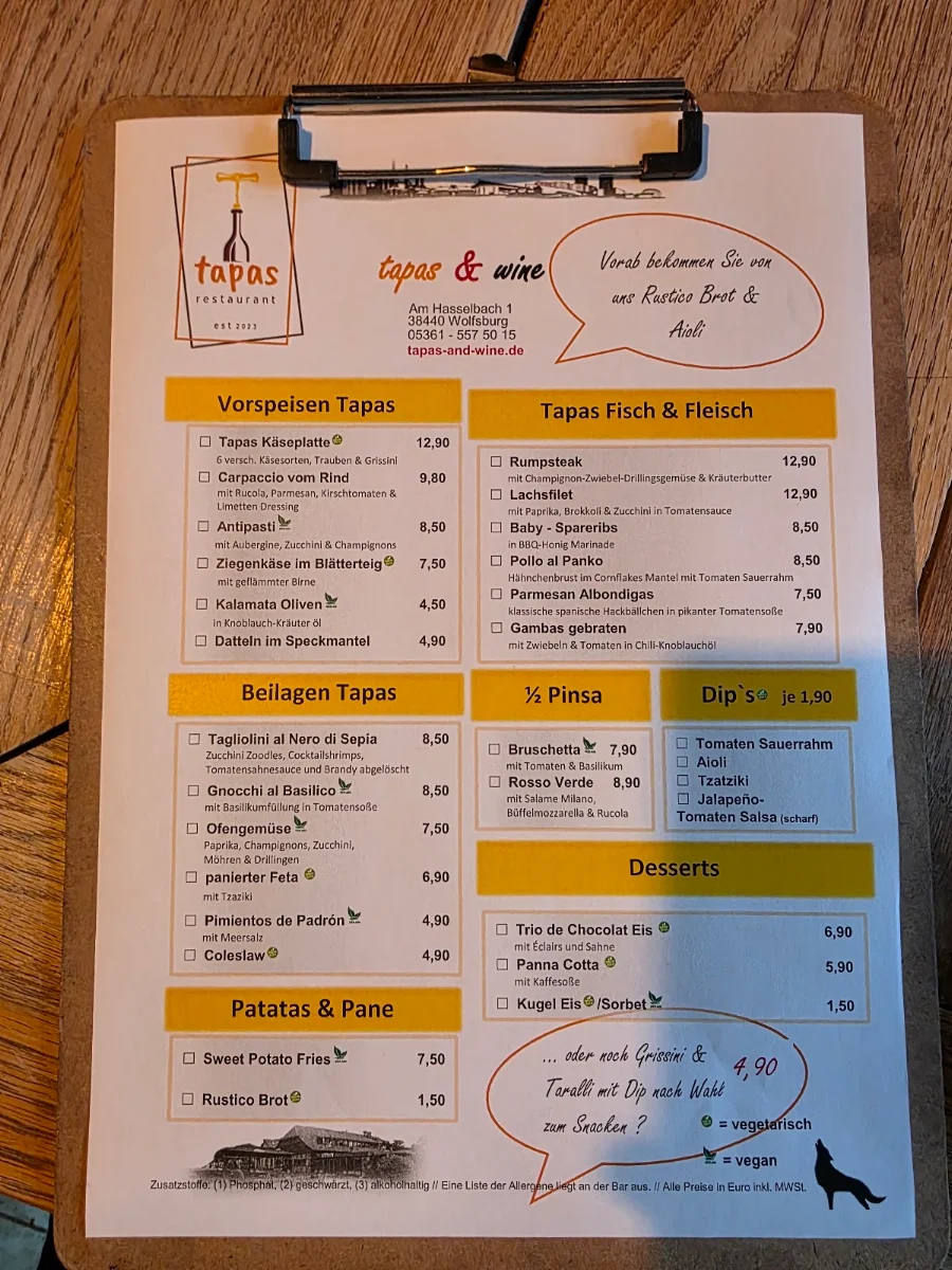 Speisekarte, tapas & wine