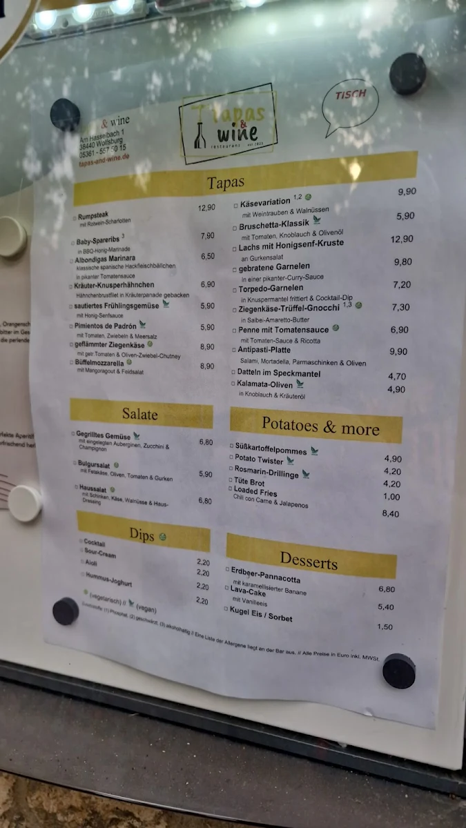 Speisekarte, tapas & wine