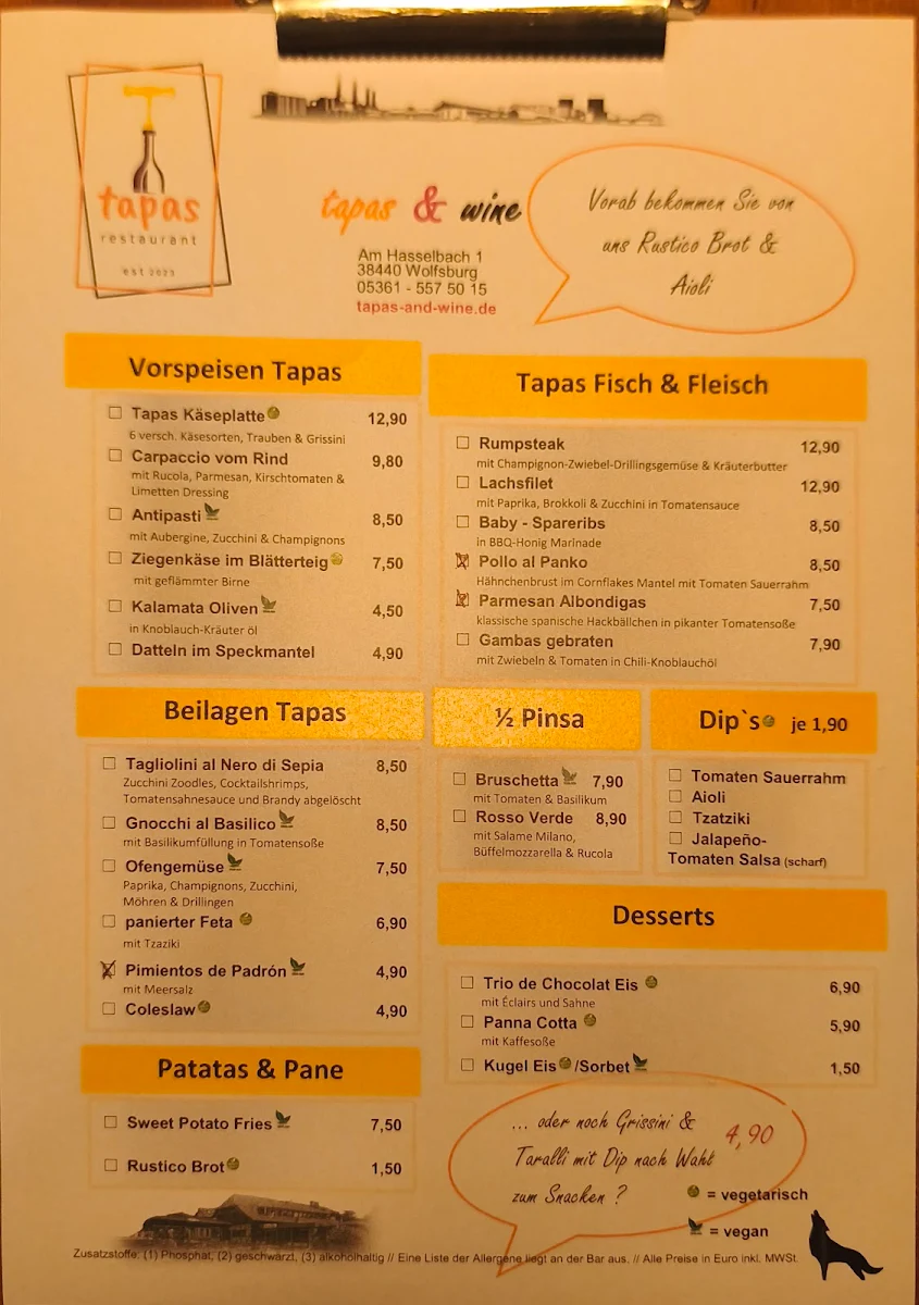 Speisekarte, tapas & wine