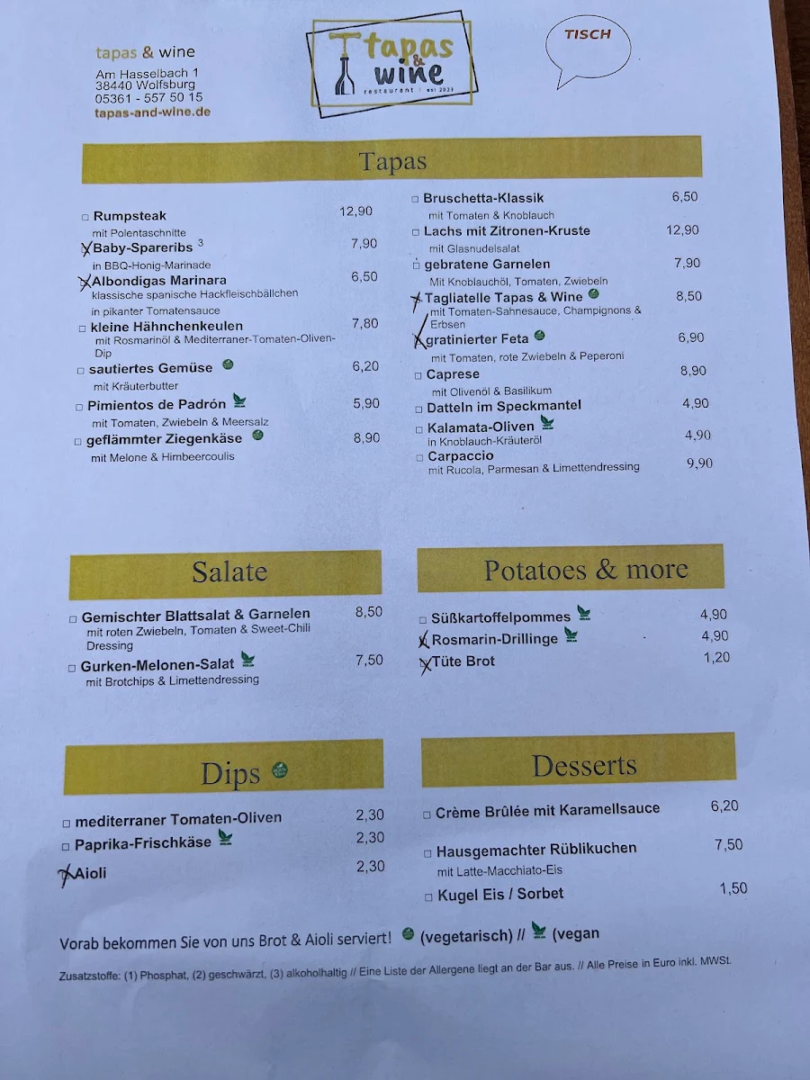 Speisekarte, tapas & wine