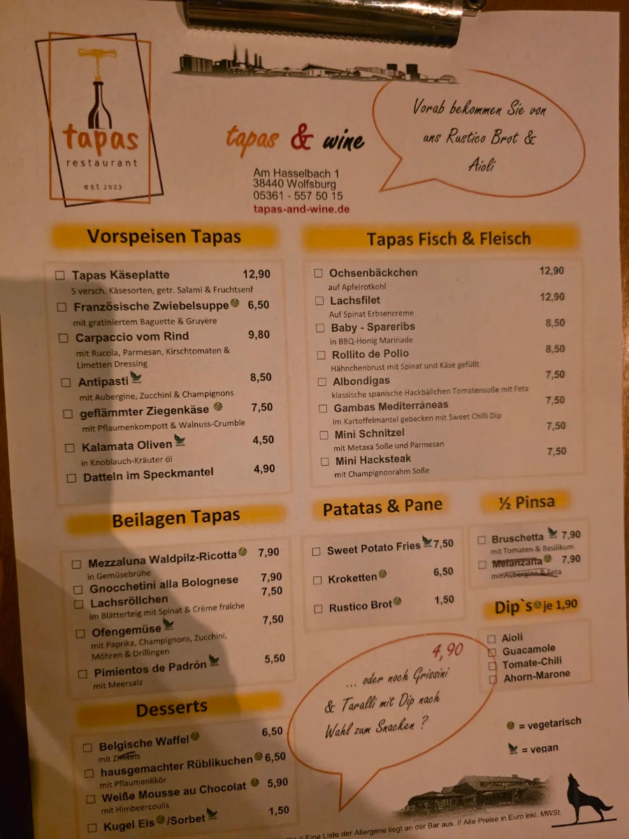 Speisekarte, tapas & wine