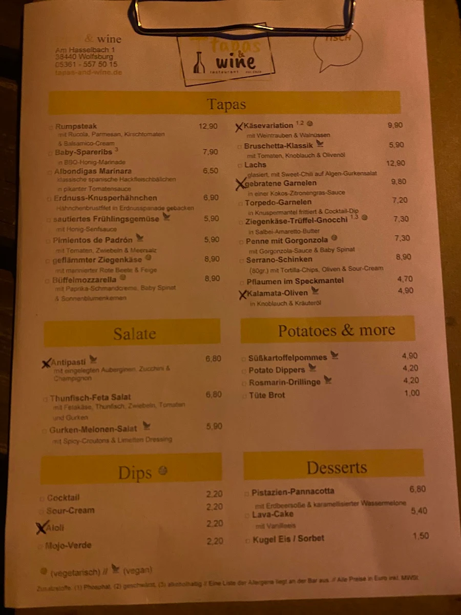 Speisekarte, tapas & wine