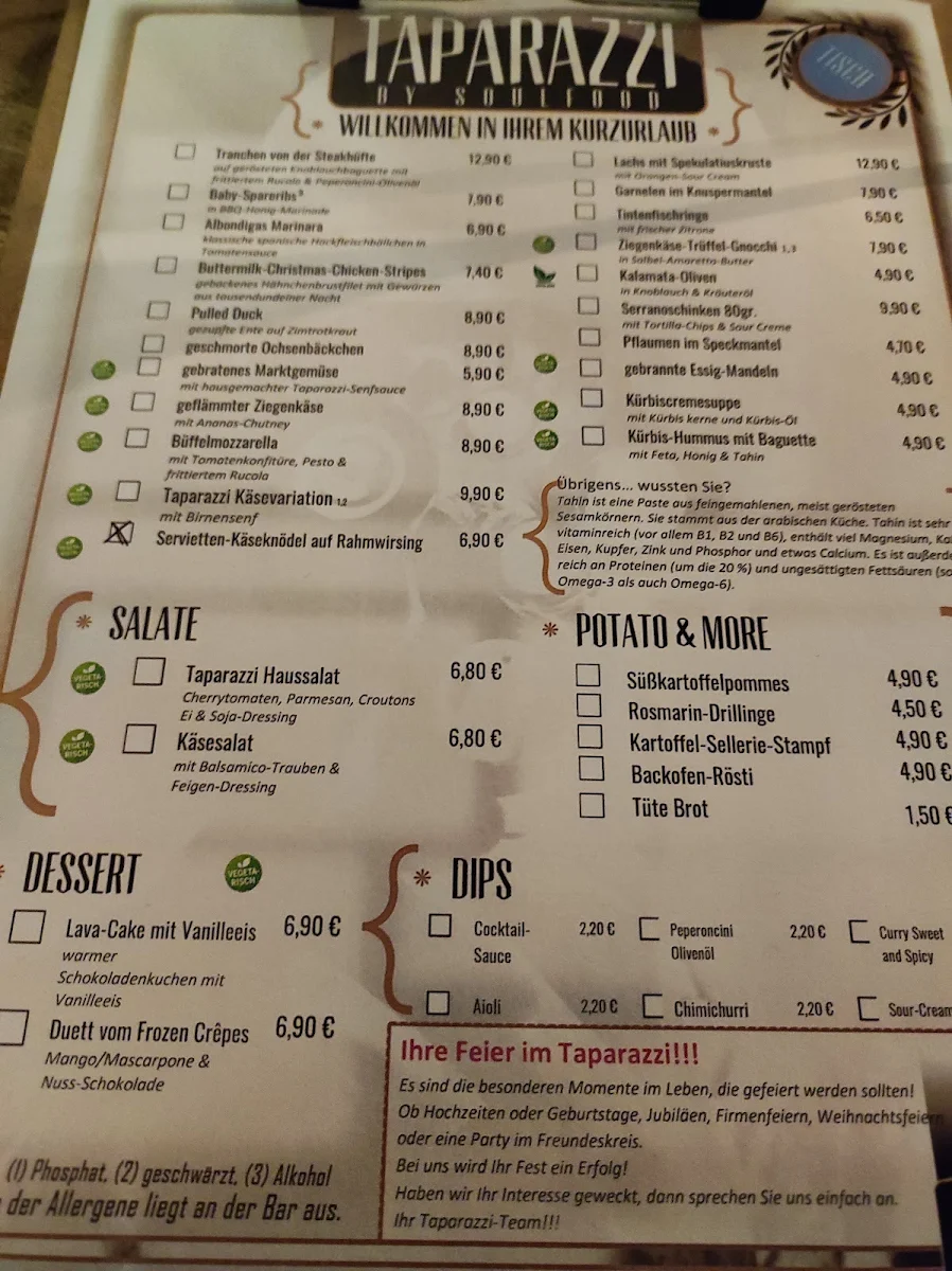 Speisekarte, tapas & wine