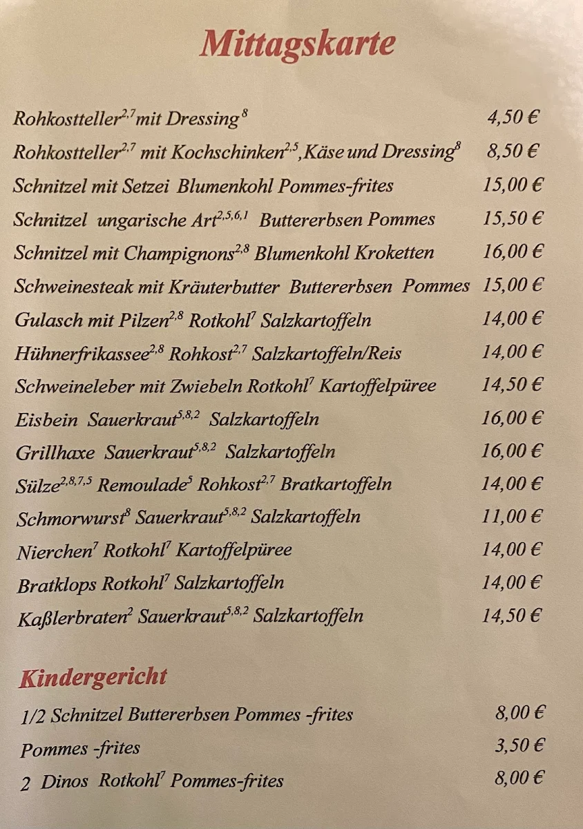 Speisekarte, Raststätte Jütrichau