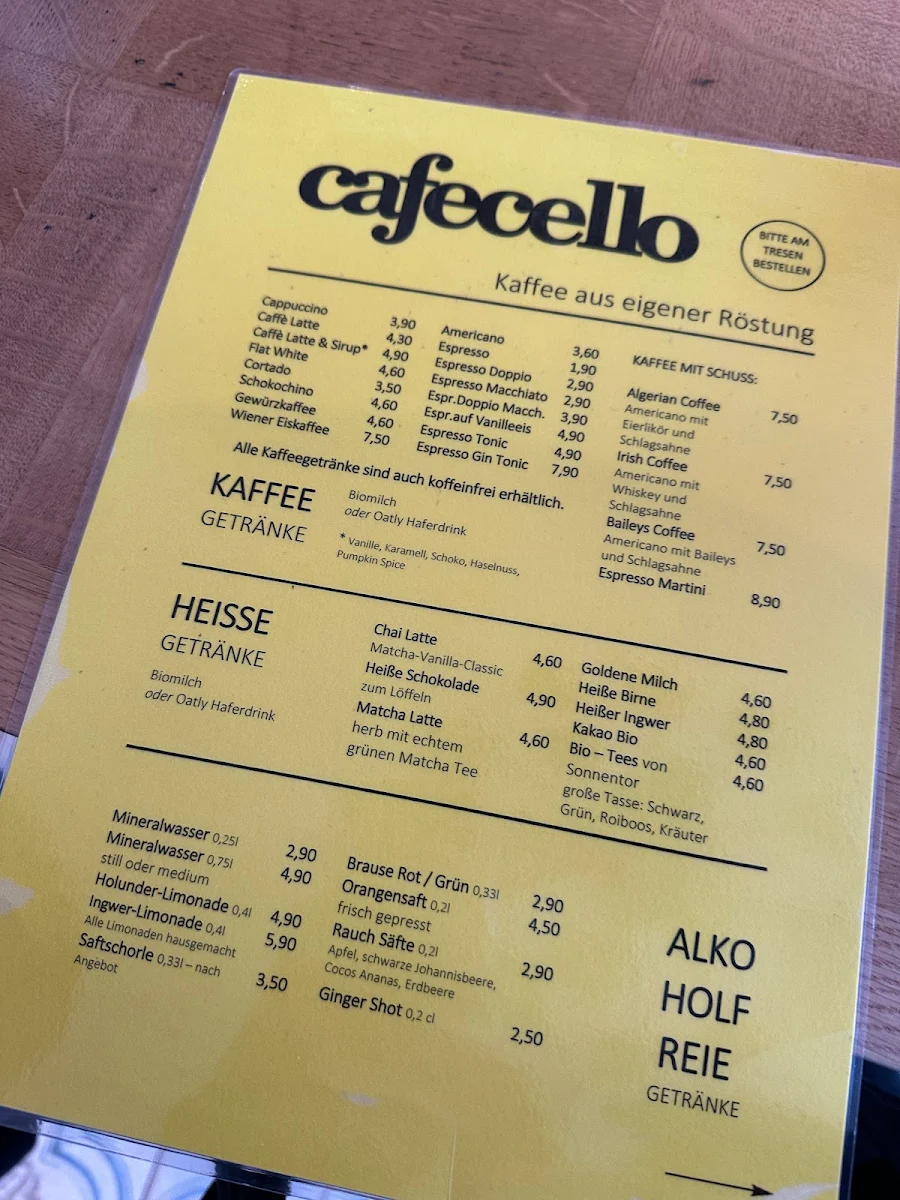 Speisekarte, Cafe Cello