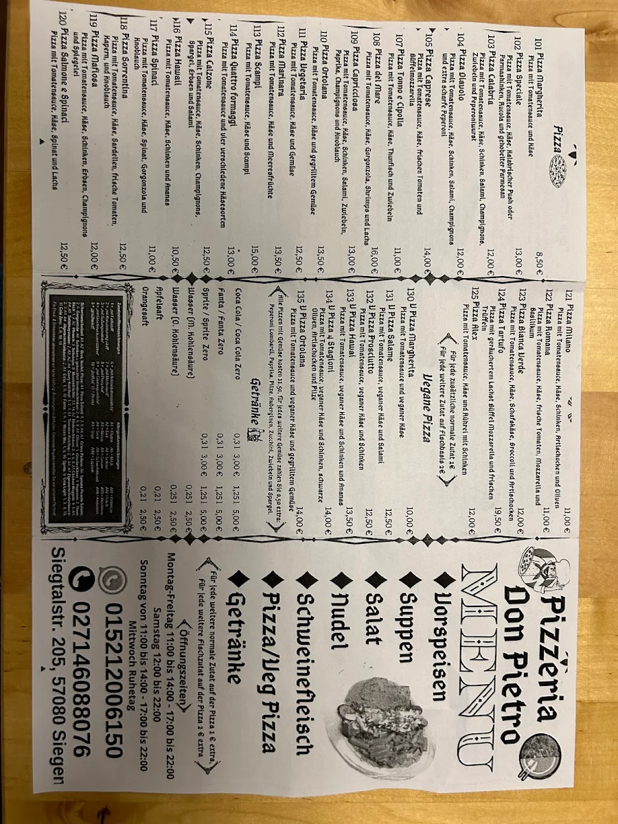 Speisekarte, Pizzeria Don Pietro