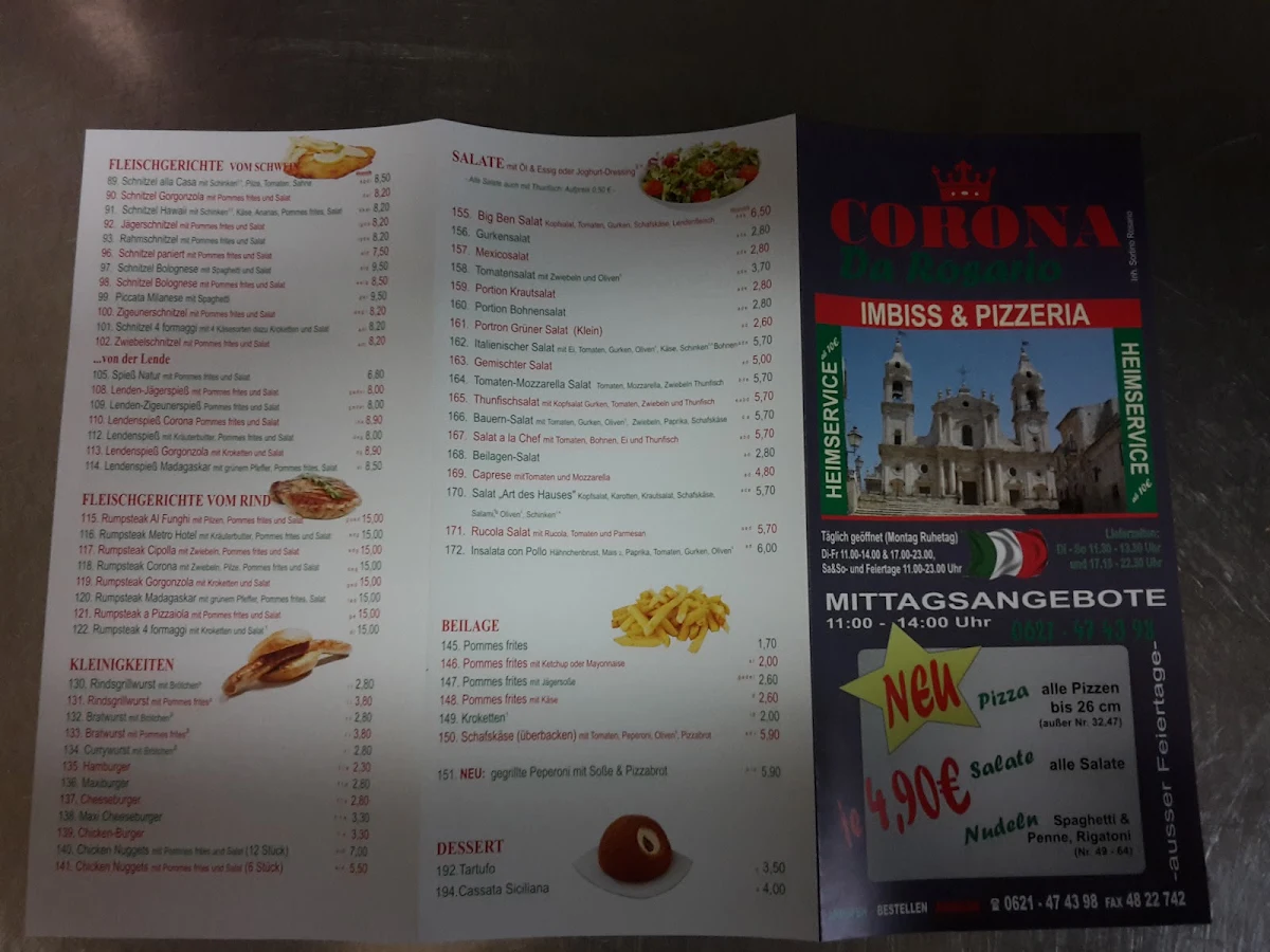 Speisekarte, Pizzeria Corona Mannheim