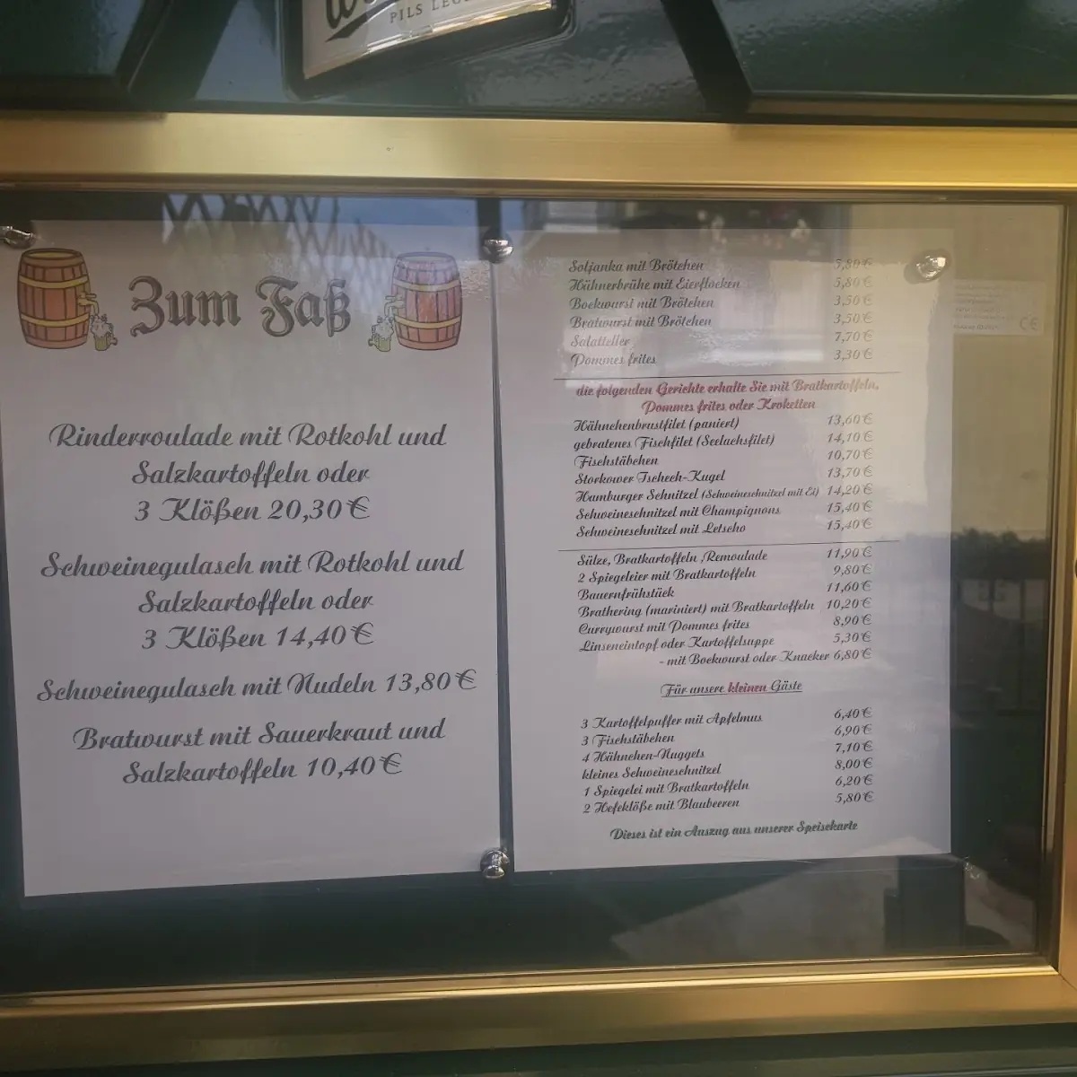 Speisekarte, Gaststätte Zum Faß