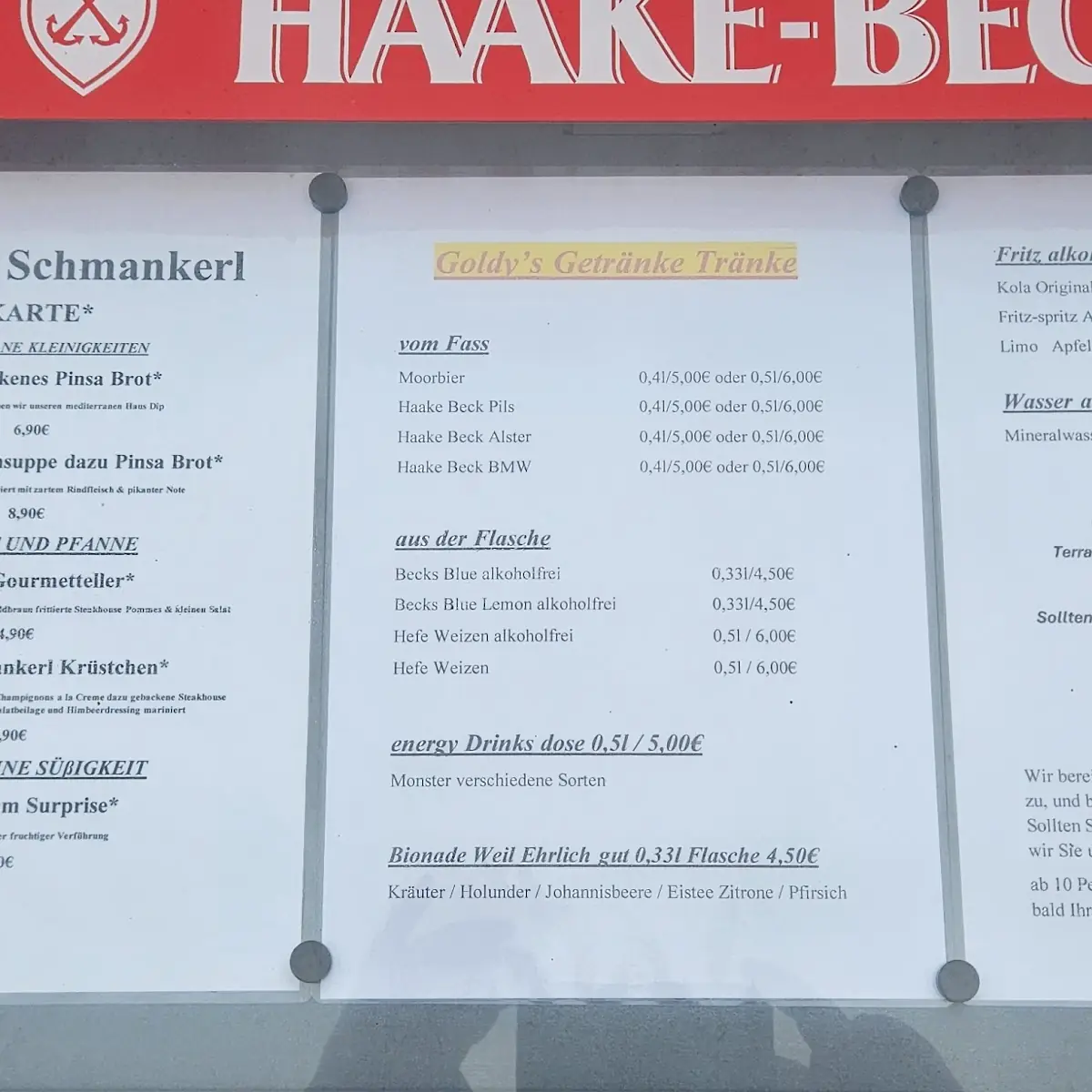 Speisekarte, Goldy's Schmankerl Huus an der Moorlosen Kirche