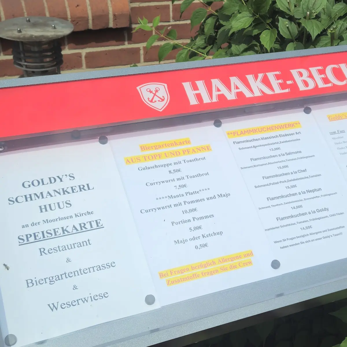 Speisekarte, Goldy's Schmankerl Huus an der Moorlosen Kirche
