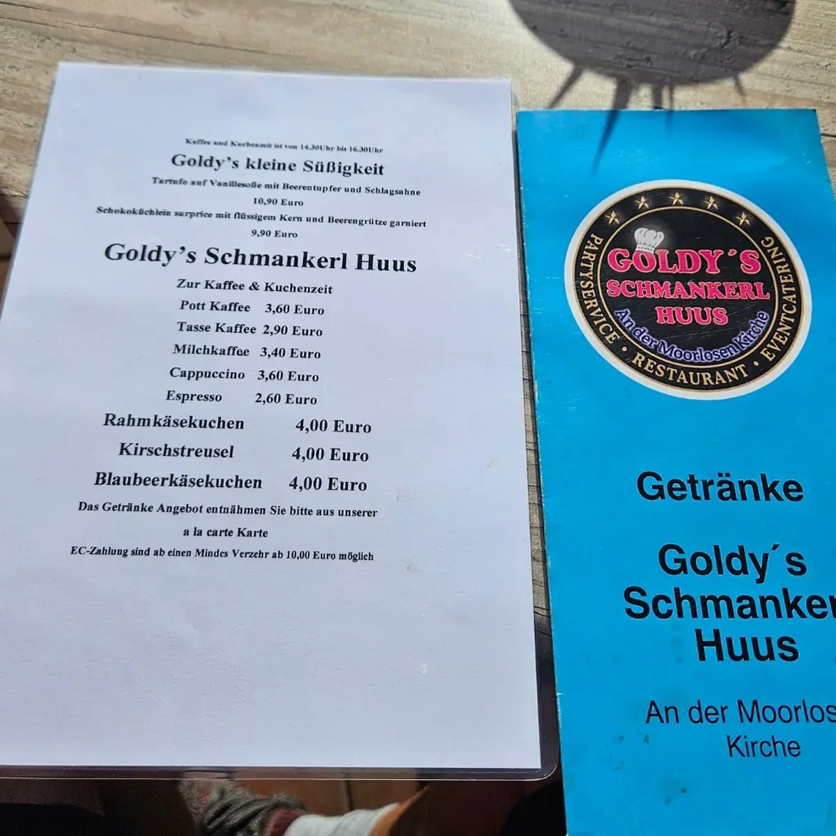 Speisekarte, Goldy's Schmankerl Huus an der Moorlosen Kirche