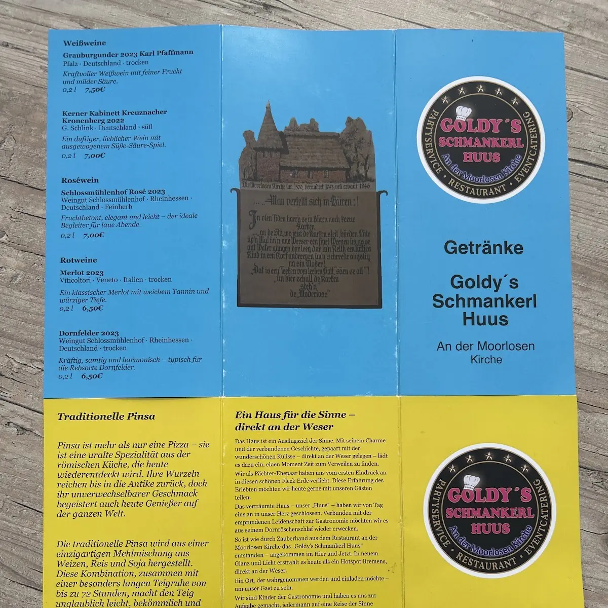 Speisekarte, Goldy's Schmankerl Huus an der Moorlosen Kirche
