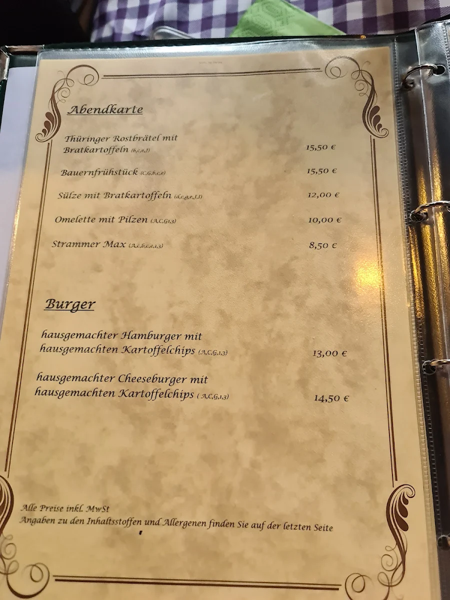 Speisekarte, Gaststätte Die Ellern, Bowlingbahn und Biergarten
