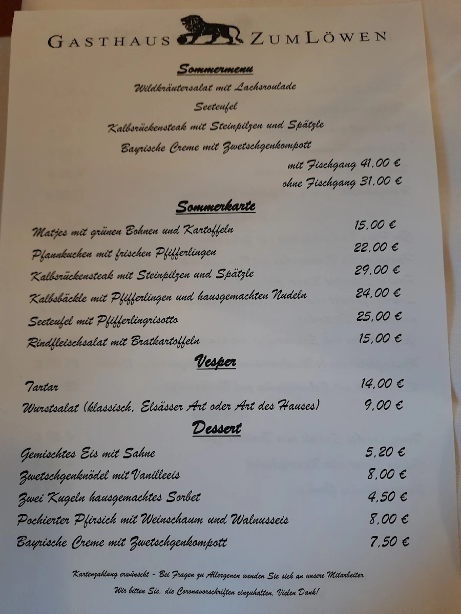 Speisekarte, Gasthaus zum Löwen