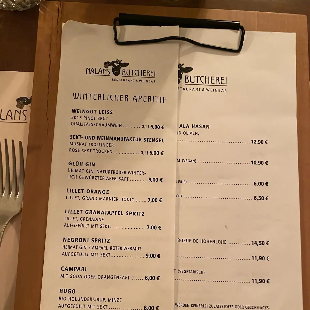Speisekarte, Nalans Theater Restaurant
