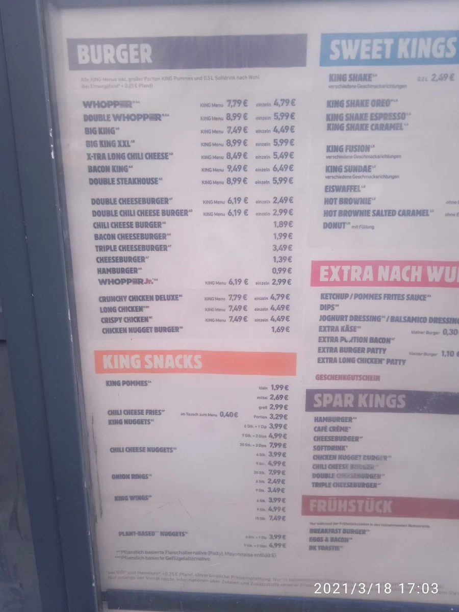 Speisekarte, Burger King Heidelberg