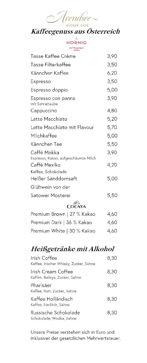 Speisekarte, Wiener Café Arendsee