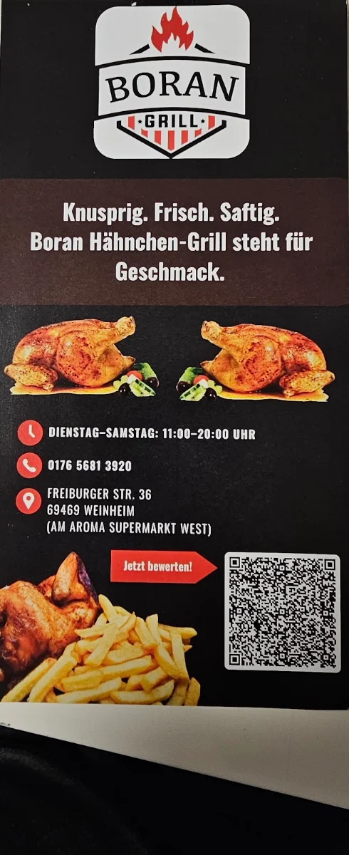 Speisekarte, Boran Hähnchen Grill. Weinheim Aroma Supermarkt