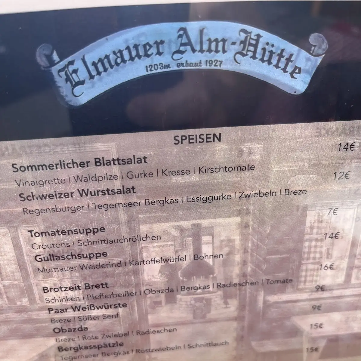 Speisekarte, Elmauer Alm