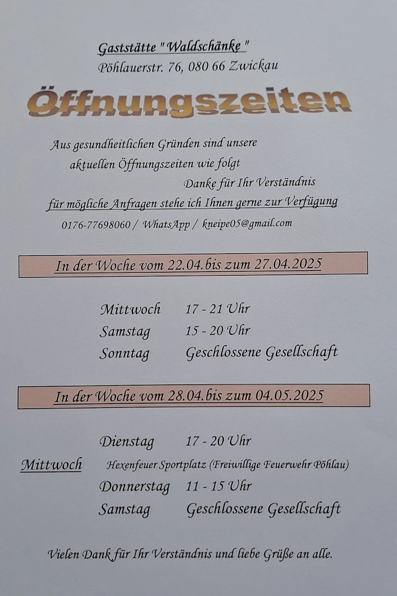 Speisekarte, Waldschänke
