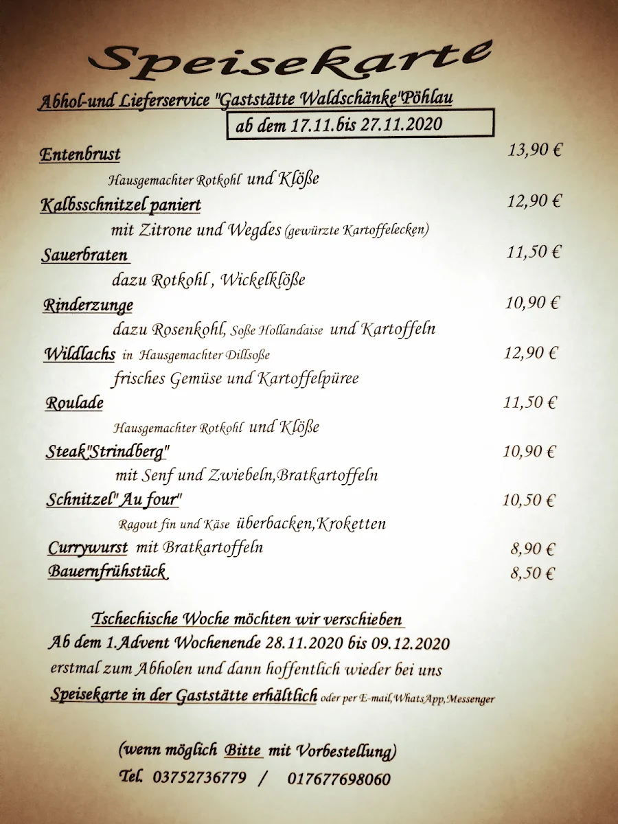 Speisekarte, Waldschänke
