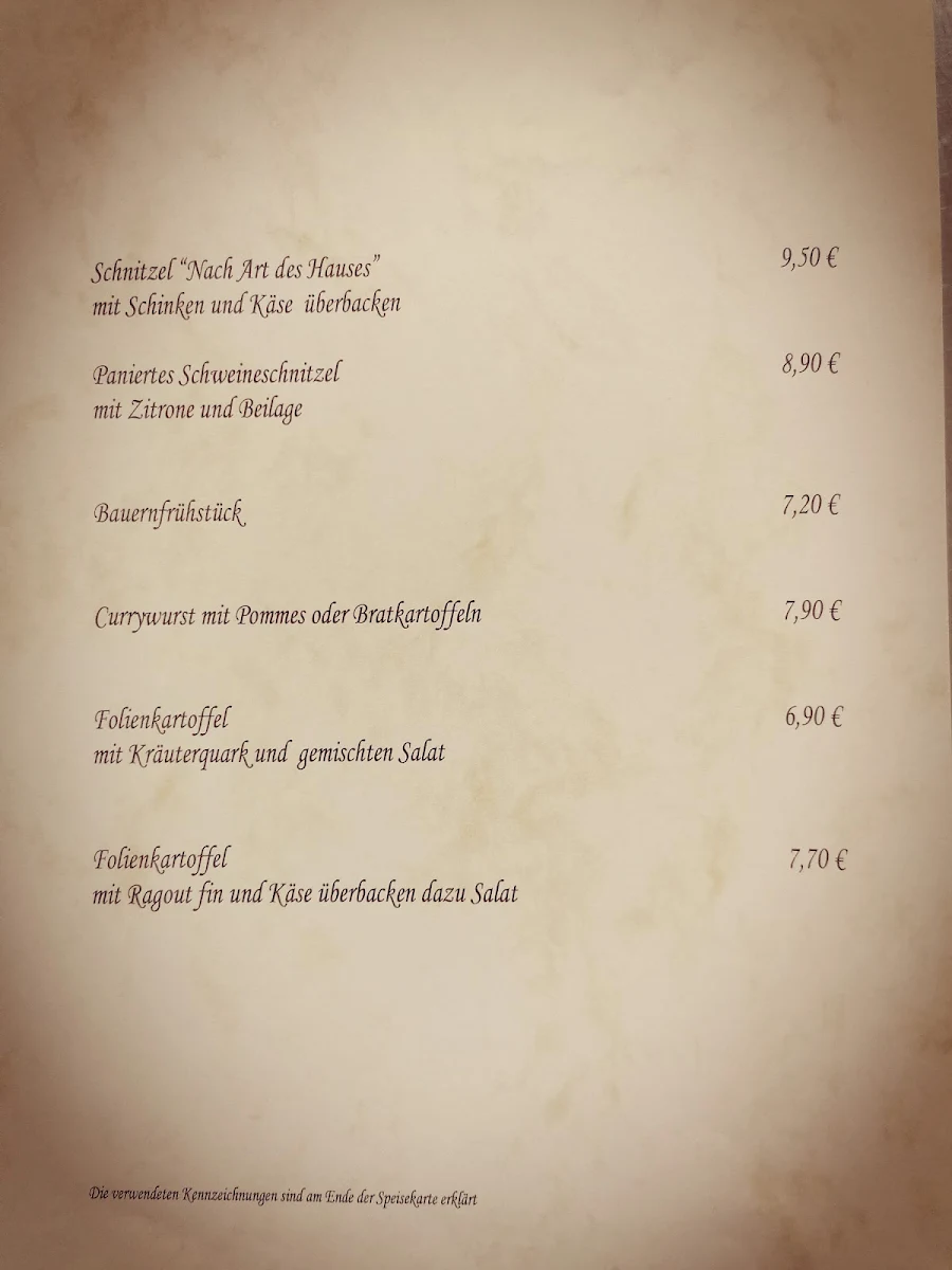 Speisekarte, Waldschänke