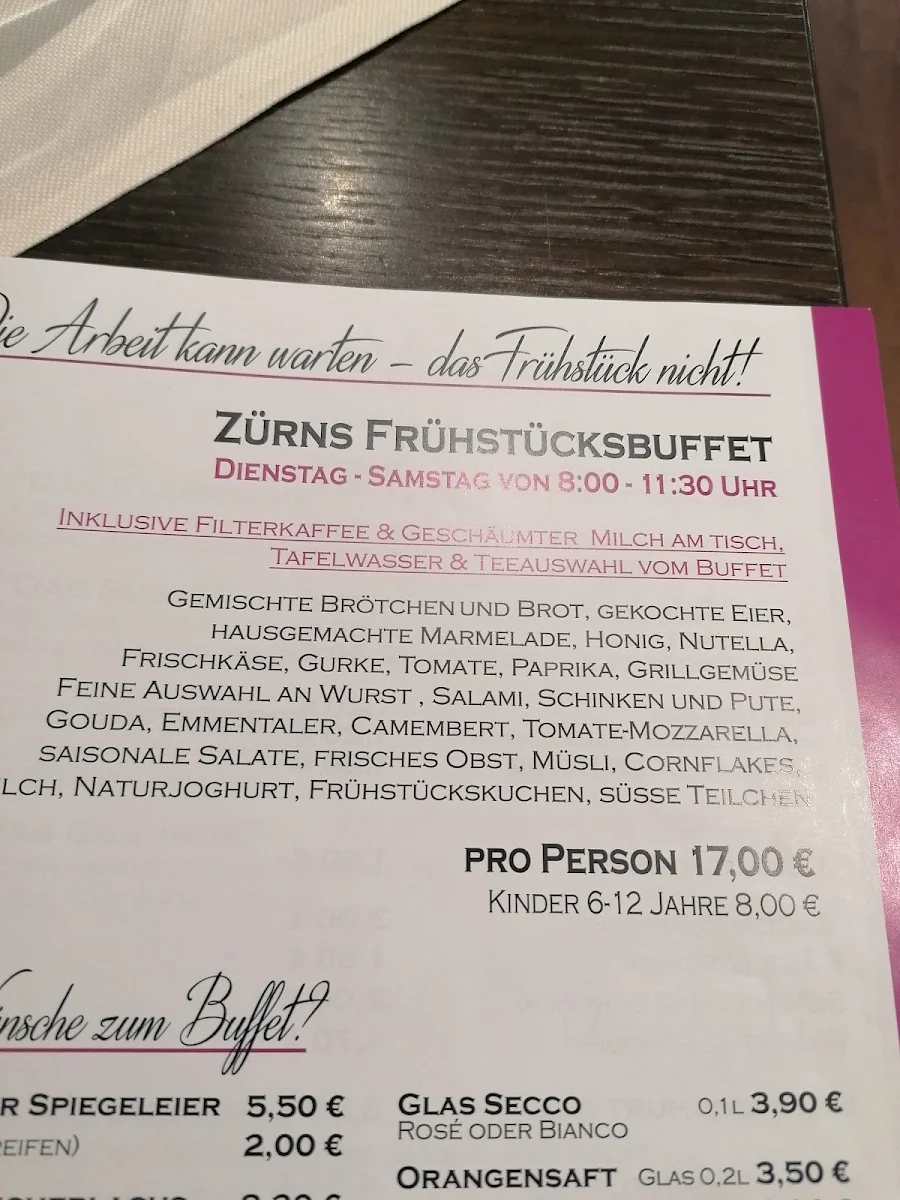 Speisekarte, Café Zürn Hinterweidenthal
