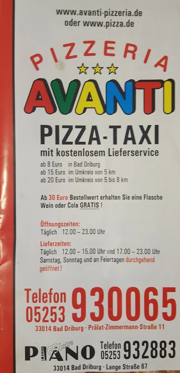Speisekarte, Pizzeria Avanti Lieferservice Cuma Araz
