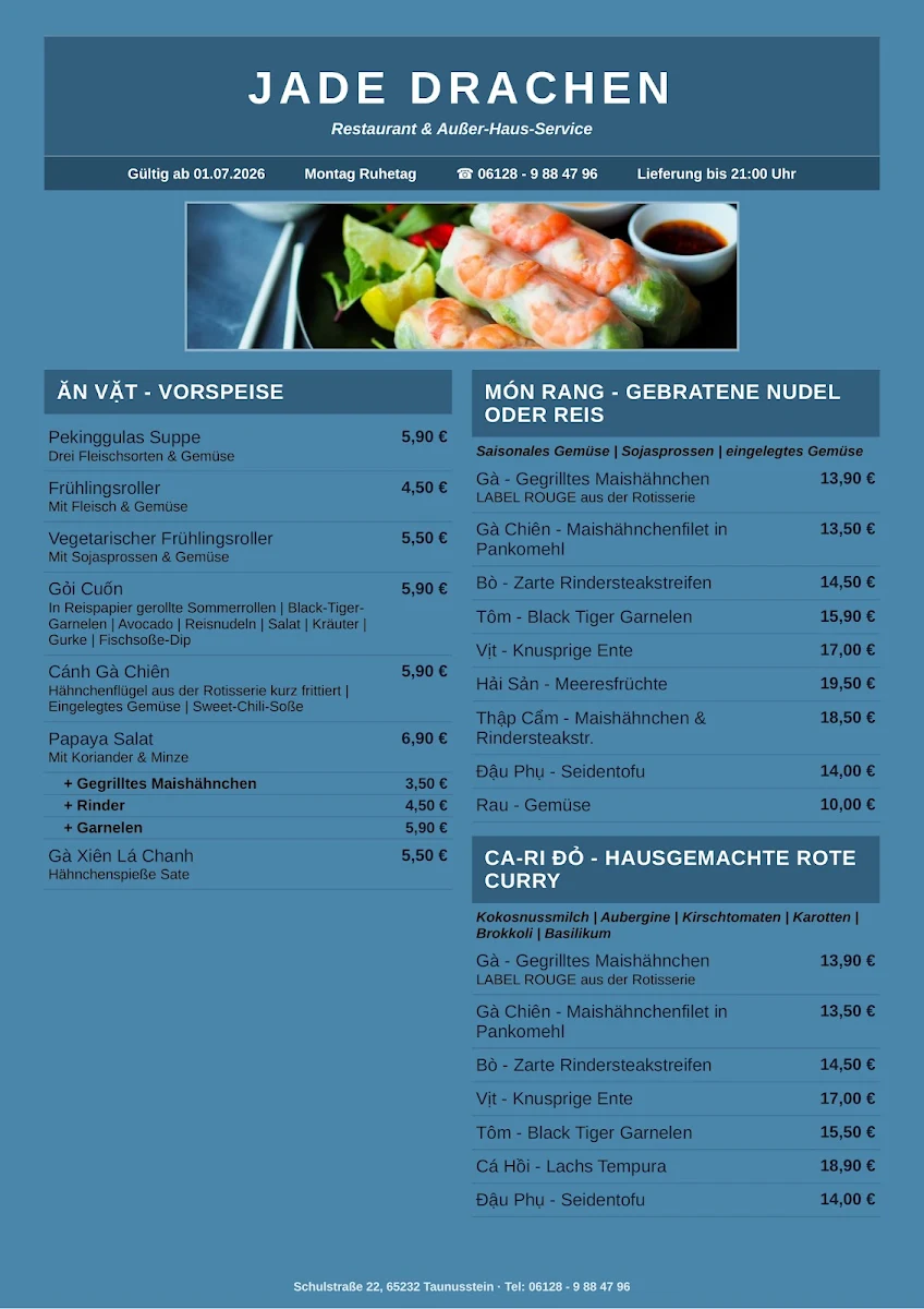 Speisekarte, Jade Drache Restaurant Taunusstein