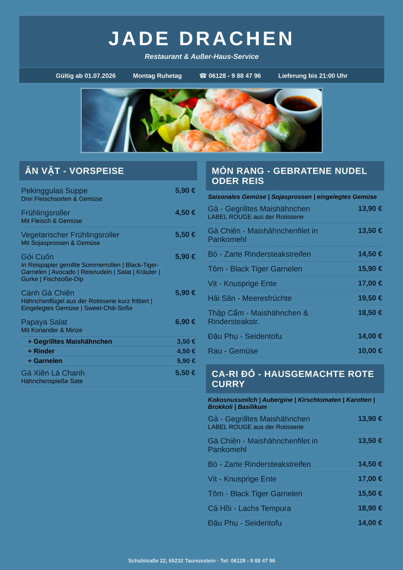 Speisekarte, Jade Drache Restaurant Taunusstein