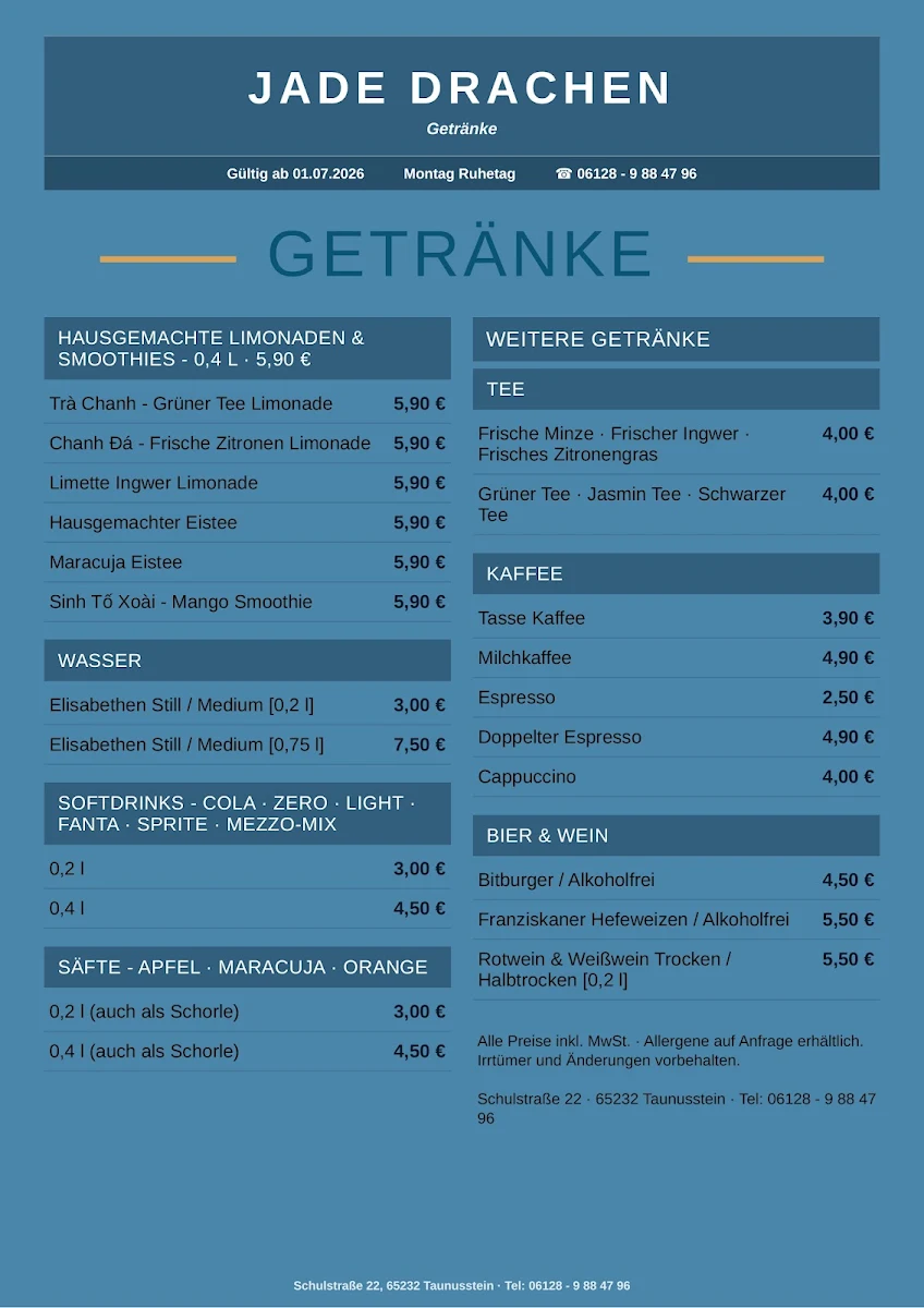 Speisekarte, Jade Drache Restaurant Taunusstein