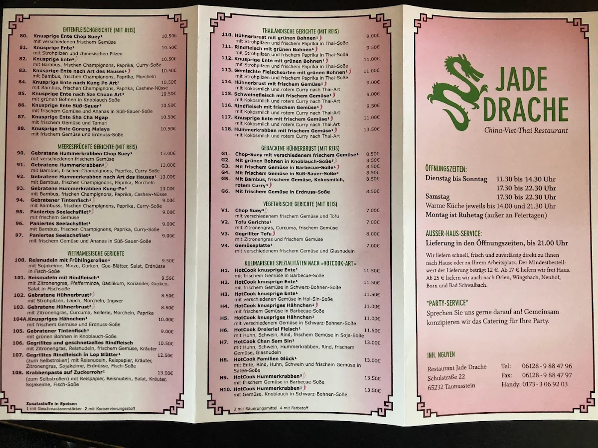 Speisekarte, Jade Drache Restaurant Taunusstein