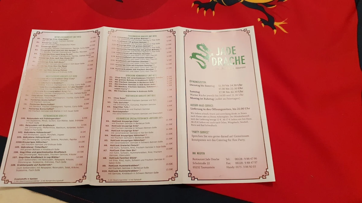 Speisekarte, Jade Drache Restaurant Taunusstein