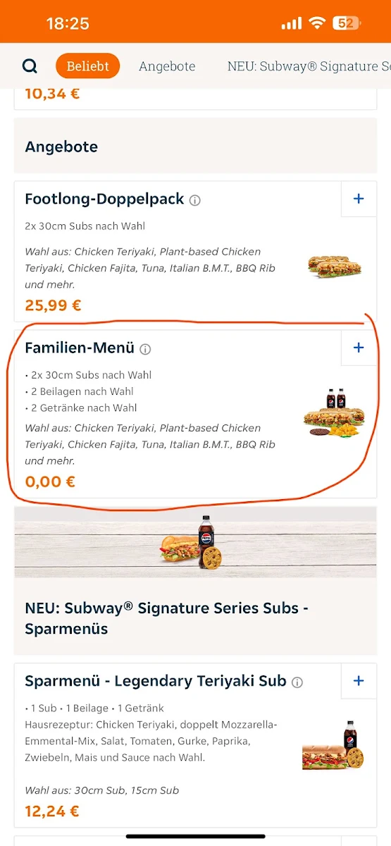 Speisekarte, Subway