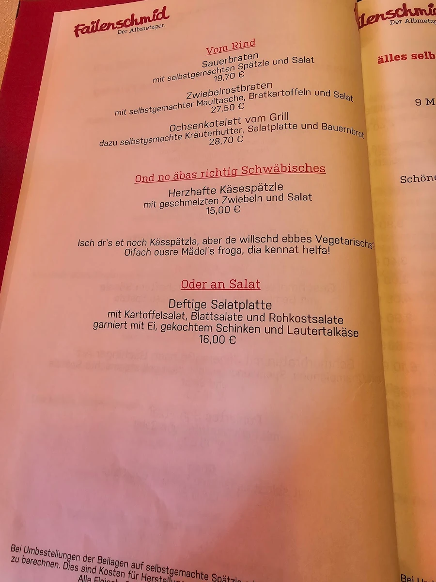 Speisekarte, Landgasthof Hirsch - Failenschmid GmbH