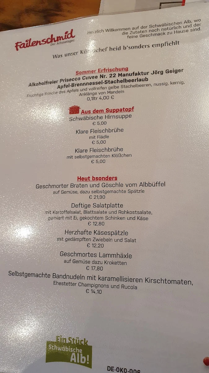 Speisekarte, Landgasthof Hirsch - Failenschmid GmbH