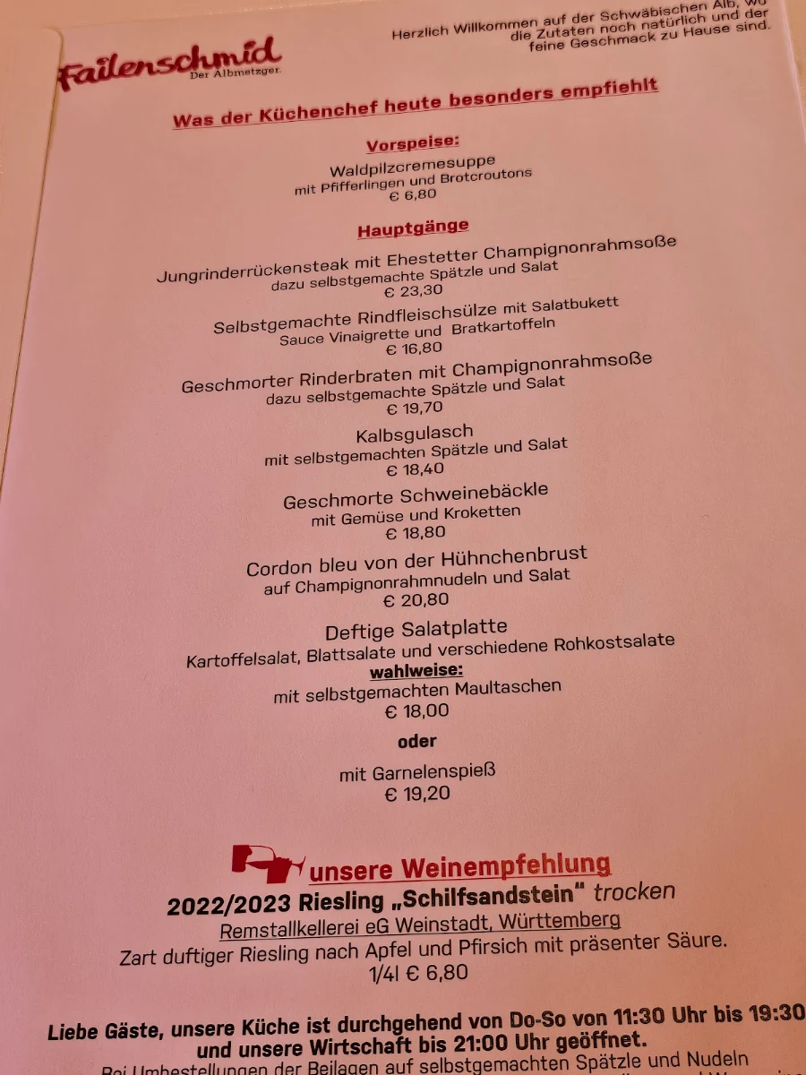 Speisekarte, Landgasthof Hirsch - Failenschmid GmbH