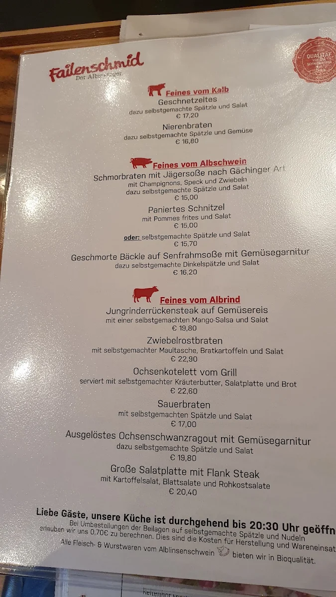 Speisekarte, Landgasthof Hirsch - Failenschmid GmbH