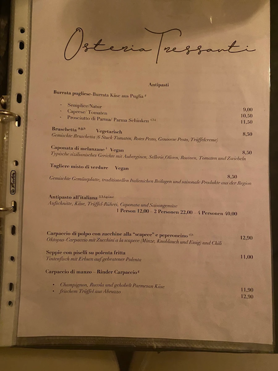 Speisekarte, Osteria Tressanti