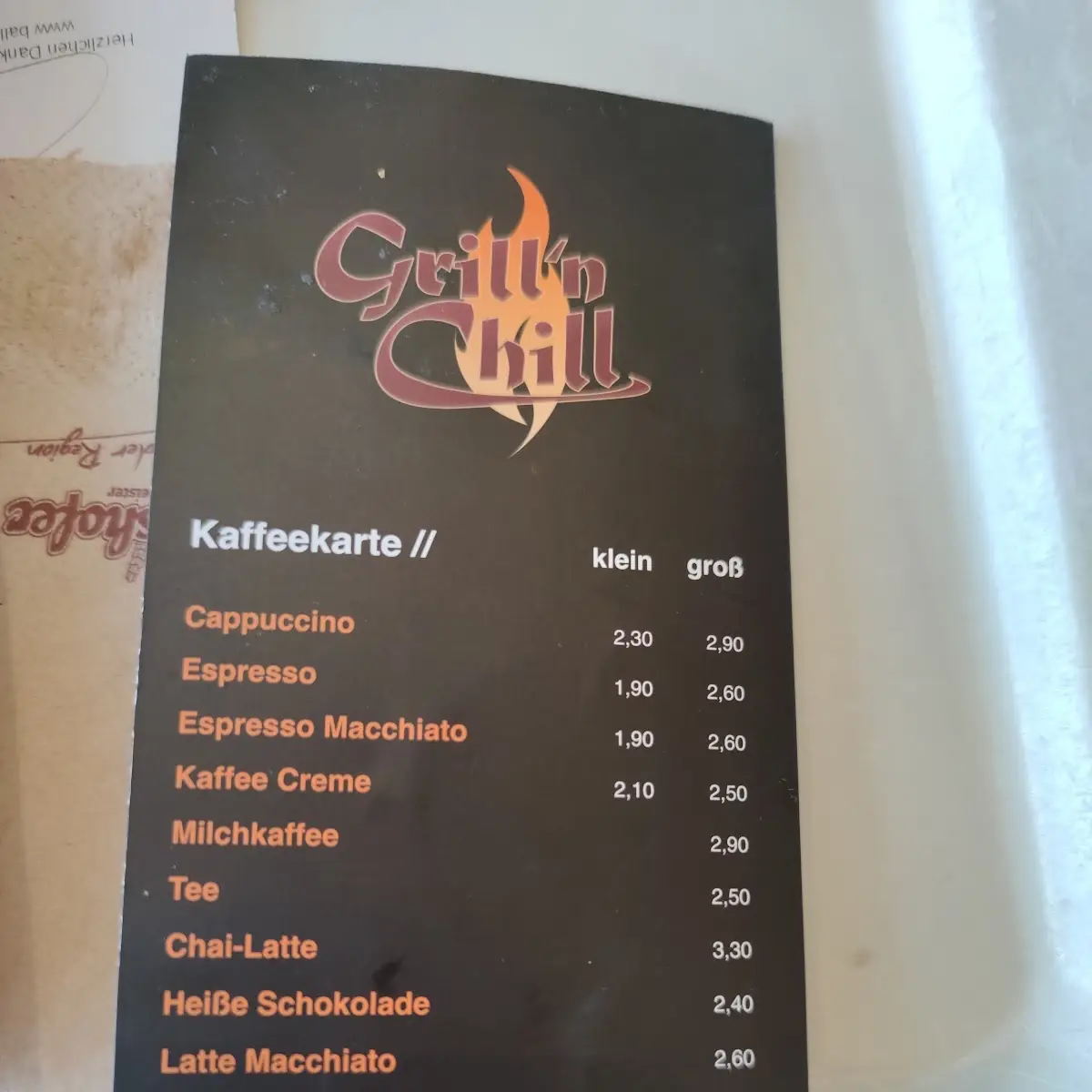 Speisekarte, Grill’n Chill