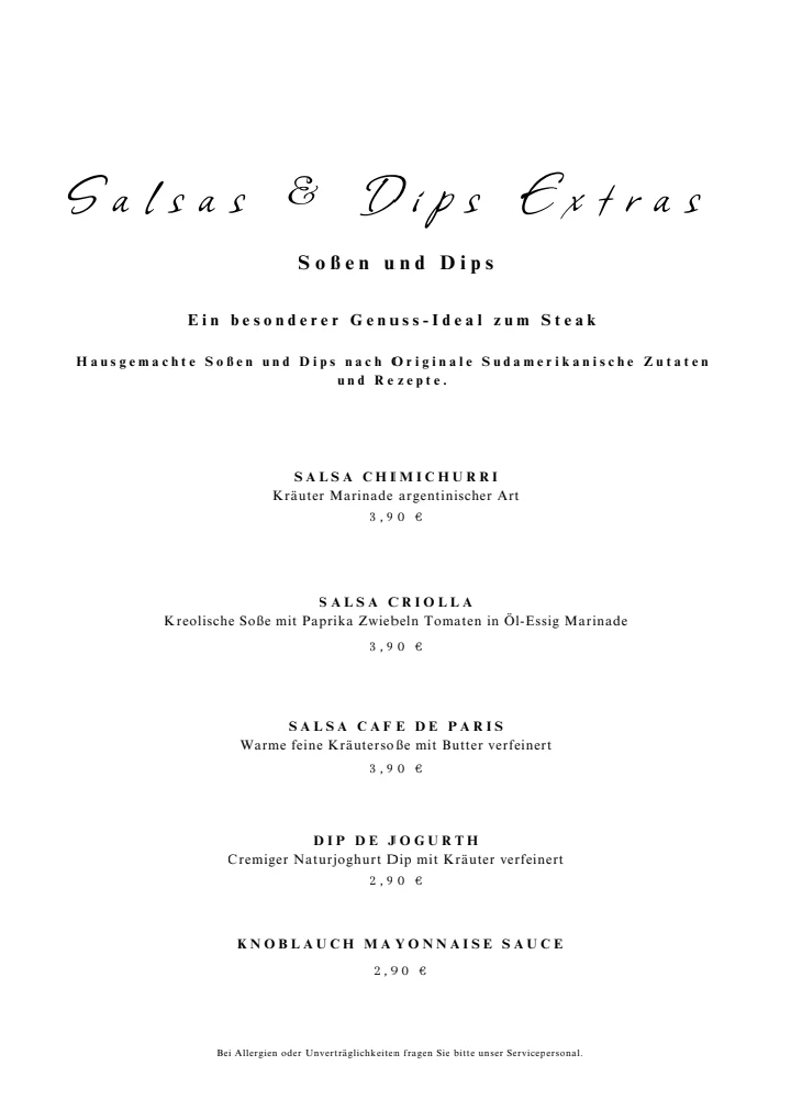 Speisekarte, Steakhaus El Argentino