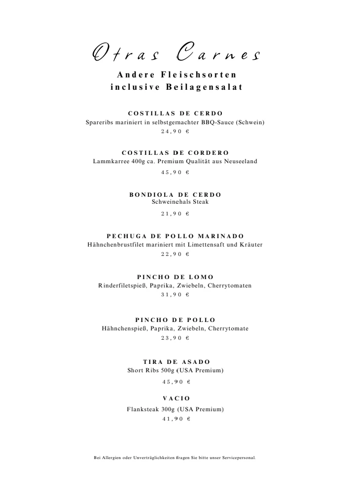 Speisekarte, Steakhaus El Argentino