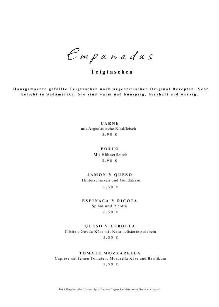 Speisekarte, Steakhaus El Argentino