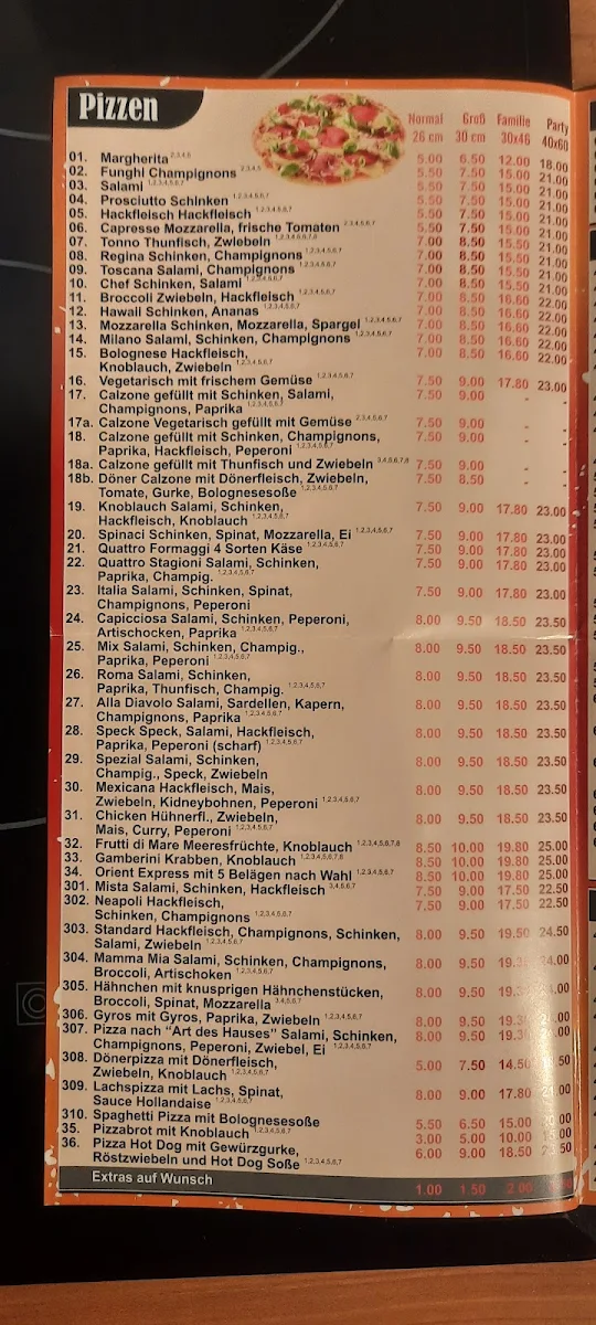 Speisekarte, Orient-Pizza-Service