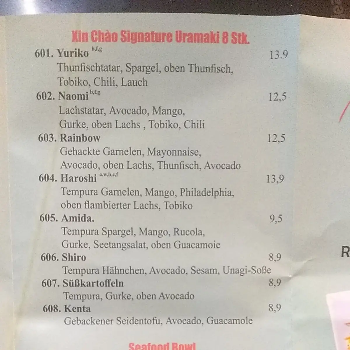 Speisekarte, Xin Chao Sushi Bar Haßfurt