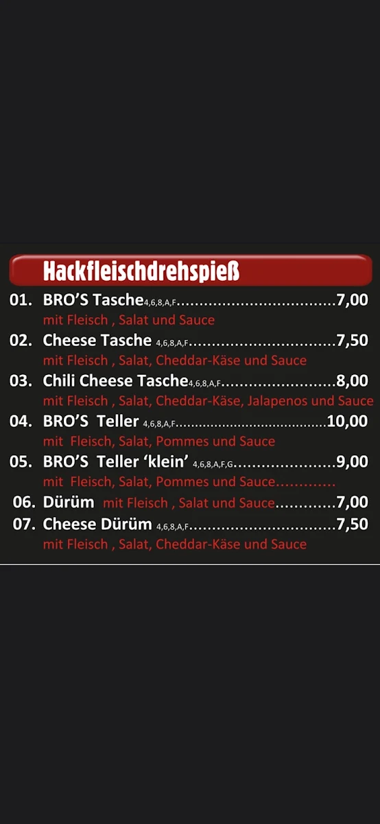Speisekarte, Bros Döner