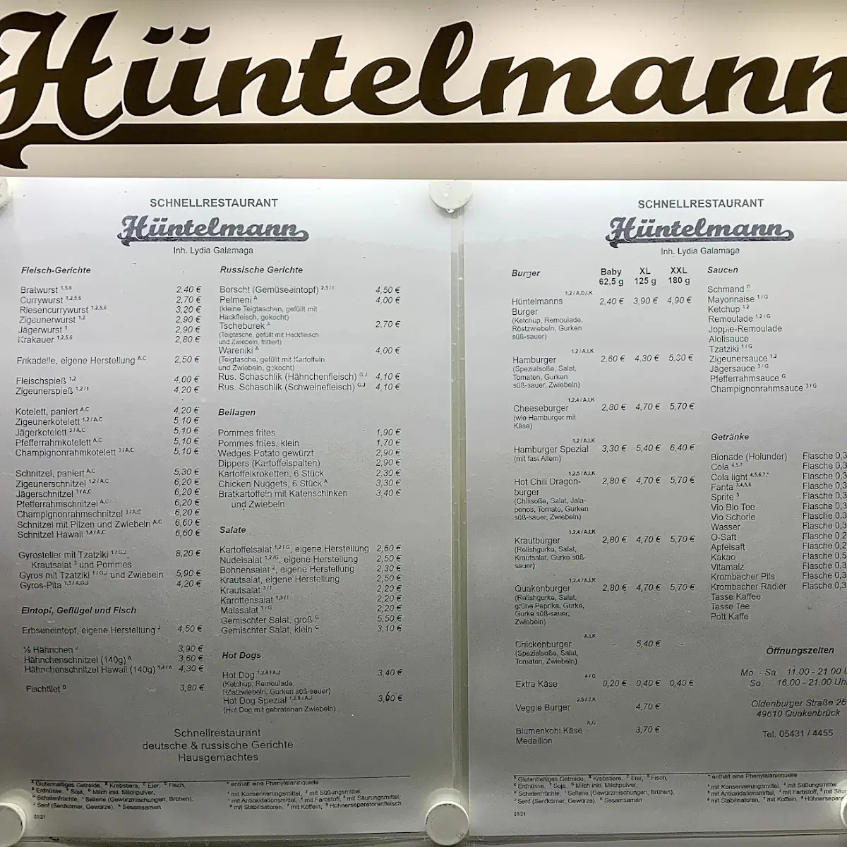 Speisekarte, Schnellrestaurant Hüntelmann
